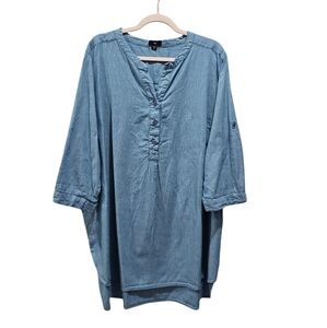 Ellos Womens Cotton Henley Tunic Stripes Top Plus Size 2X Blue White